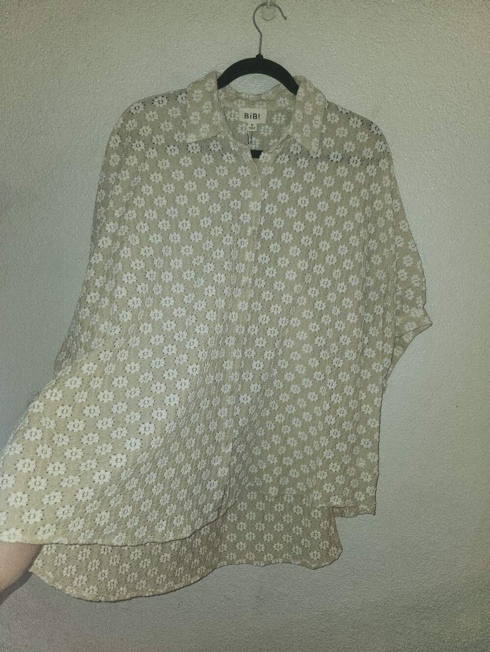 BiBi Light Beige Floral Eyelet Button-Down Shirt - Picture 5 of 9
